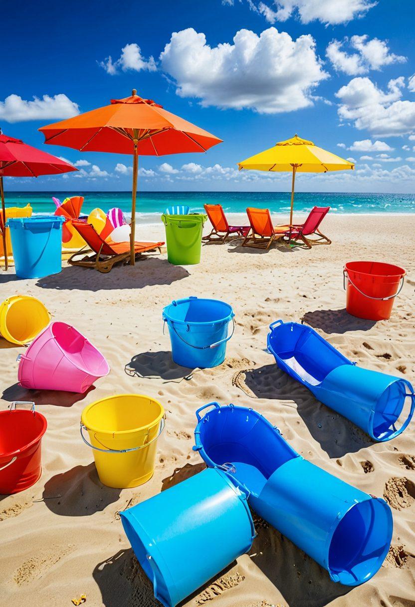 A vibrant beach scene featuring colorful beachwear laid out on the sand, surrounded by playful, cheeky beach toys. Include sunbathers enjoying playful activities, with a bright summer sky and sparkling ocean waves in the background. The overall tone should be fun and inviting, celebrating the joy of summer. super-realistic. vibrant colors. bright blue sky.