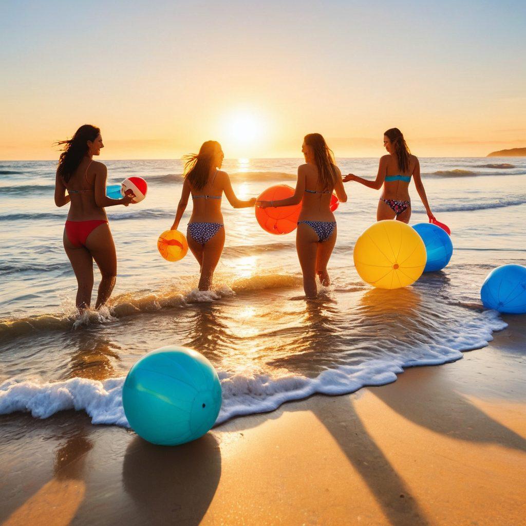 A sun-drenched beach scene filled with vibrant beach toys like colorful inflatable rafts, sand buckets, and beach balls, scattered on soft golden sand. In the foreground, a group of friends wearing playful, provocative beach outfits joyfully splash water at each other, embodying the carefree summer spirit. Bright blue ocean waves lap gently at the shore, with a stunning sunset creating a warm glow in the background. super-realistic. vibrant colors. summer vibes.